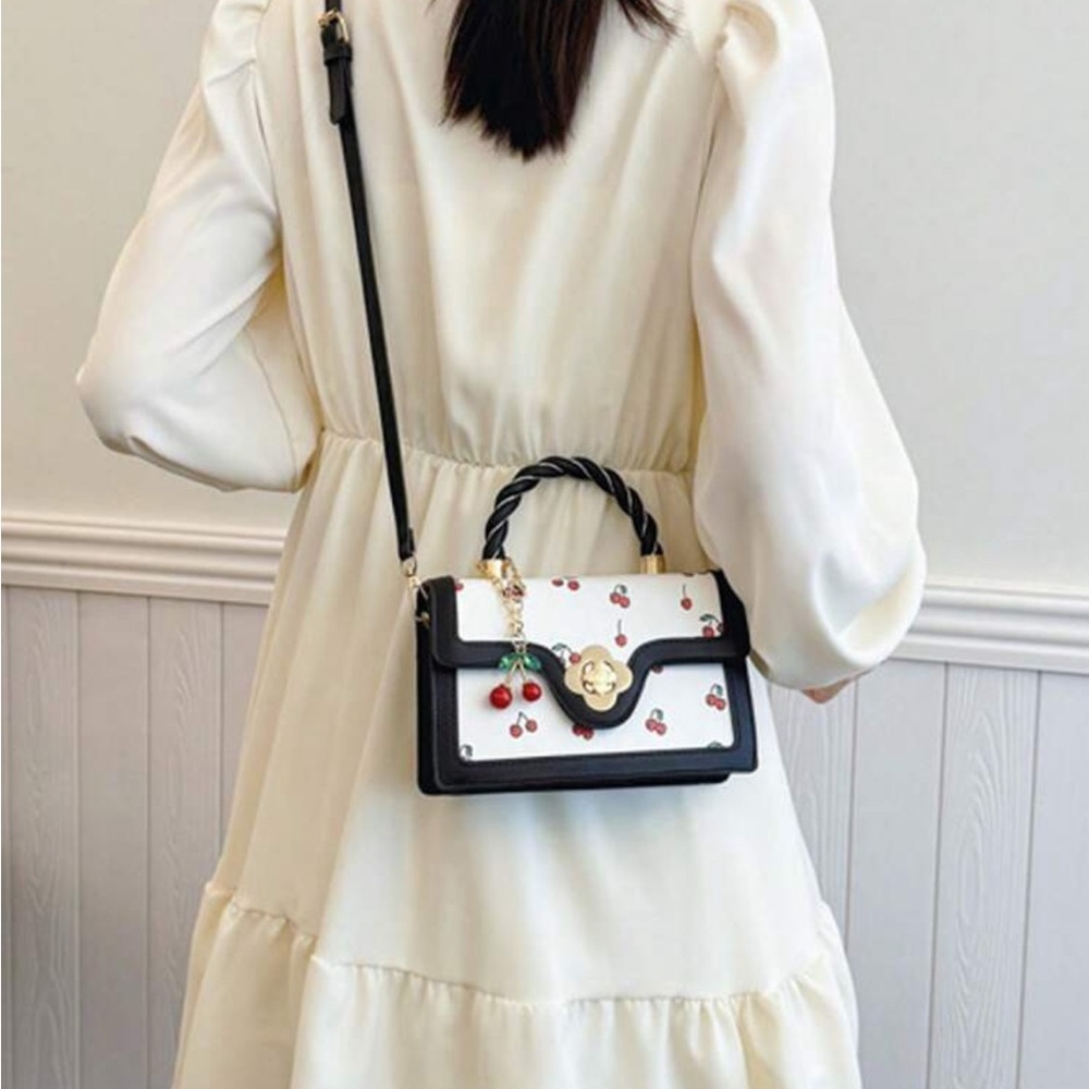 New Cherry Print Black and White Handbag/Crossbody Bag - Picture 3 of 4